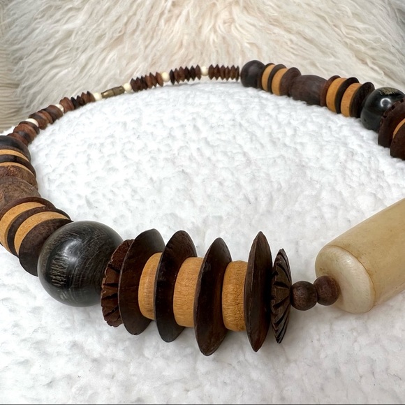 Wooden Beaded Necklace Boho Tribal Bohemian Statement Boho Wood 10 Inches - Picture 10 of 14